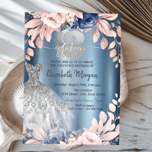 Invitation Robe Fleurs Gouttes de Paillettes Bleu Métallisé 1
