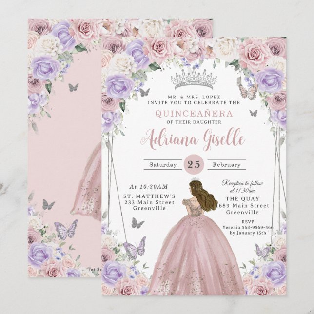 Invitation Robe florale blanche Lilac Quinceañera XV 16 (Devant / Derrière)