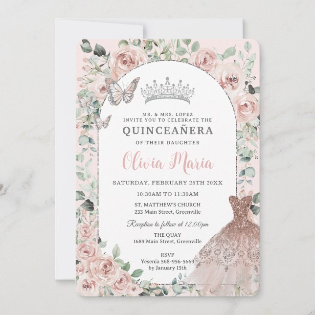 Invitation Robe florale Bleu élégant Quinceañera en argent (Devant)