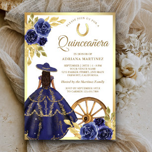 Invitation Robe florale bleu marine Charro Gold Quinceanera