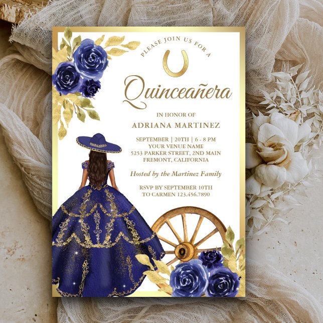 Invitation Robe florale bleu marine Charro Gold Quinceanera (Créateur téléchargé)