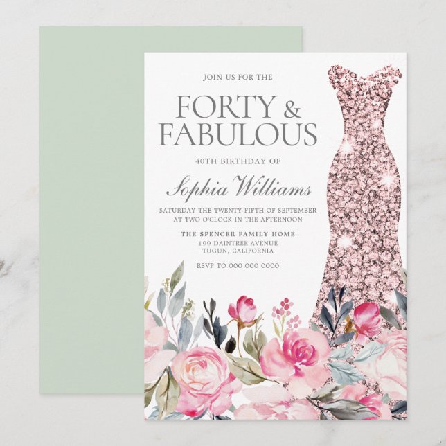 Invitation Robe florale Blush Forty & Fabuleux 40e anniversai (Devant / Derrière)