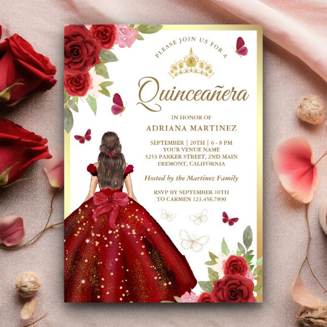 Invitation Robe Florale Bourgogne papillon Quinceanera (Créateur téléchargé)