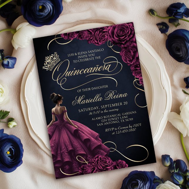 Invitation Robe Florale Bourgogne Quinceañera (Créateur téléchargé)