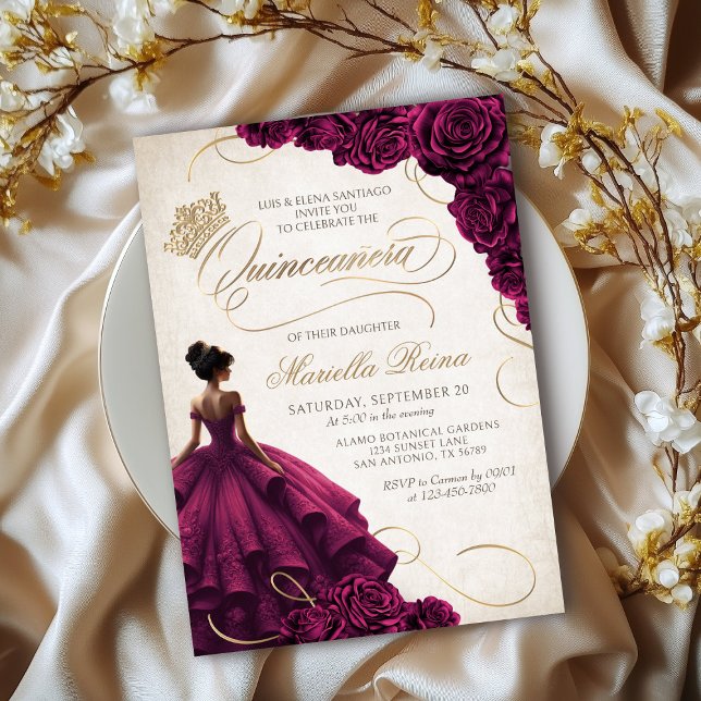 Invitation Robe Florale Bourgogne Quinceañera (Créateur téléchargé)