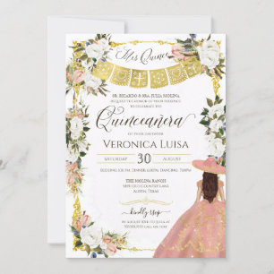 Invitation Robe florale Charro or blanc bleu Quinceanera I