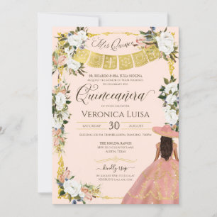 Invitation Robe florale Charro or blanc bleu Quinceanera I