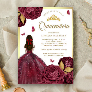 Invitation Robe Florale d'or de Bourgogne papillon Quinceaner