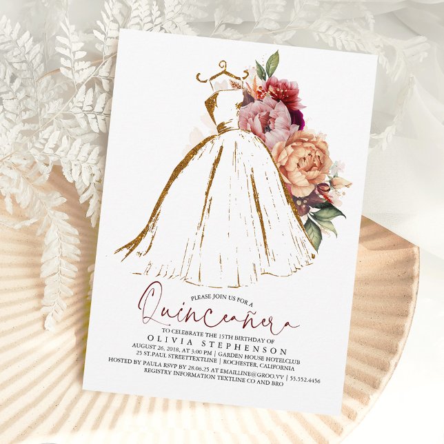 Invitation Robe Florale d'or Quinceañera 15e anniversaire (Créateur téléchargé)