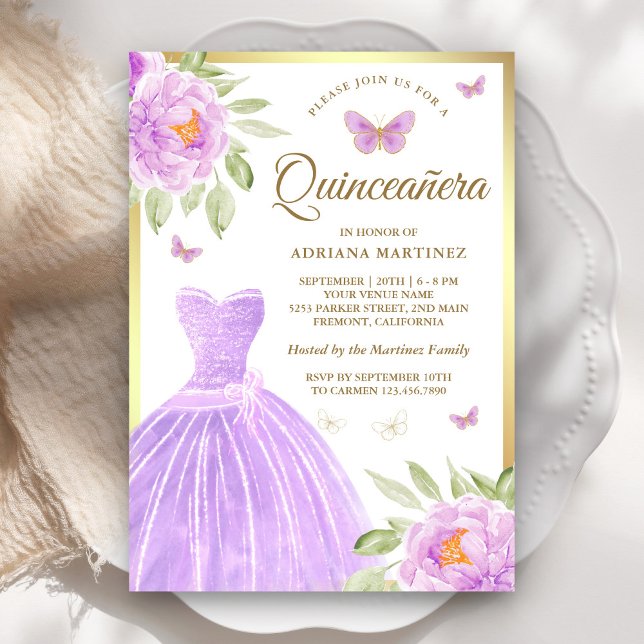 Invitation Robe florale lavande papillon Or Quinceanera (Créateur téléchargé)
