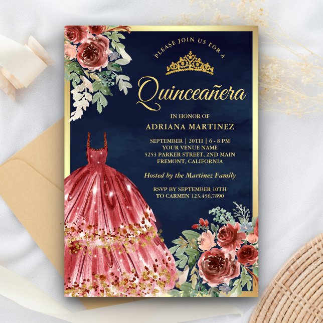 Invitation Robe Florale Marsala Rouge Marine Or Quinceanera (Créateur téléchargé)