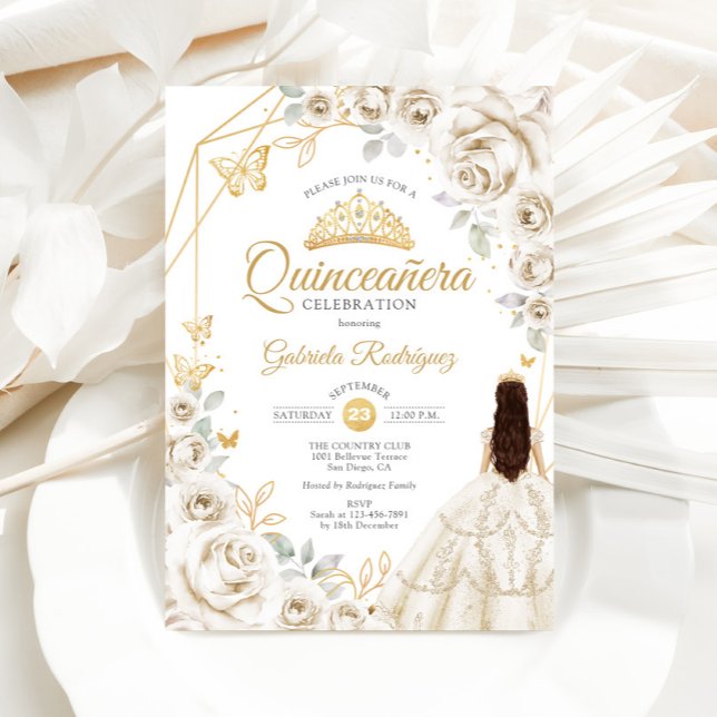Invitation Robe Florale Or Crème d'or Quinceanera (Créateur téléchargé)