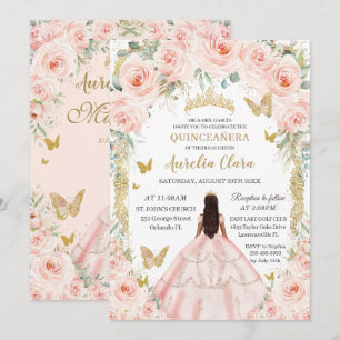 Invitation Robe florale rose blush or vintage Quinceañera