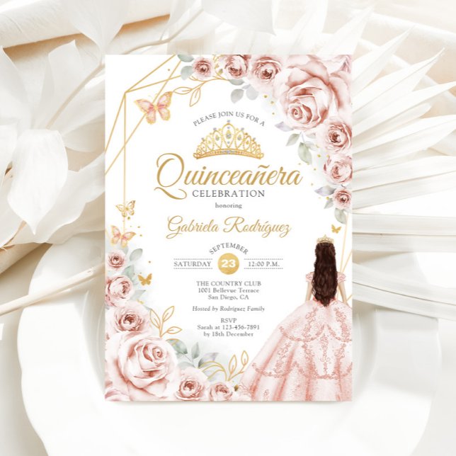 Invitation Robe Florale rose or rose Quinceanera (Créateur téléchargé)