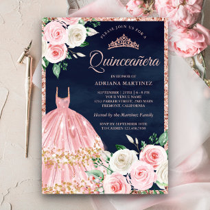 Invitation Robe Florale Rose Pâle Or Rose Navy Quinceanera