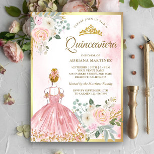 Invitation Robe florale rose pâle Princesse Quinceanera Or