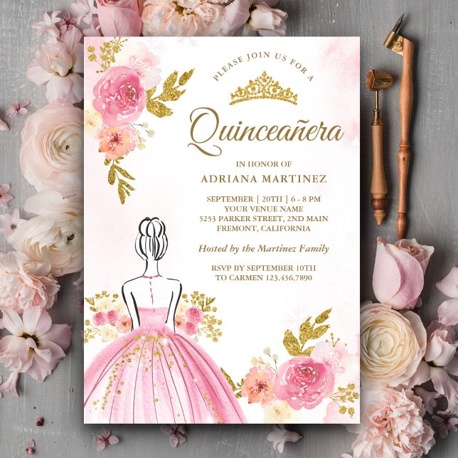 Invitation Robe Florale rose Princesse Or Quinceanera (Créateur téléchargé)