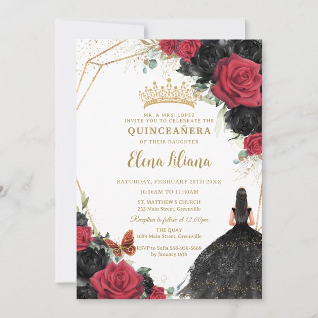 Invitation Robe Florale Rose Rouge Noir Argent Quinceañera (Devant)