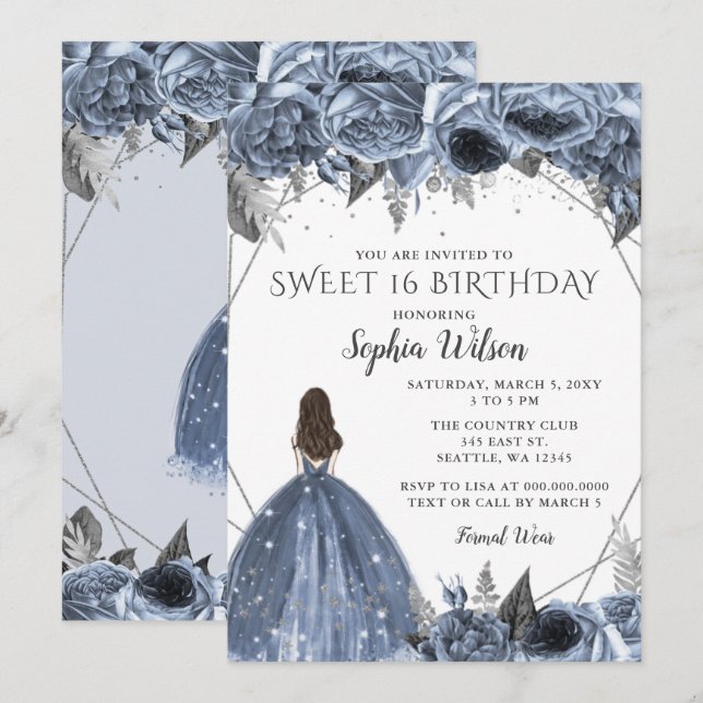 Invitation Robe florale Silver Dusty Blue Spakle Sweet 16 Inv (Devant / Derrière)
