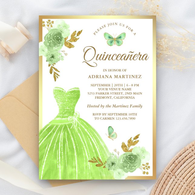 Invitation Robe Florale verte Lime Papillon Or Quinceanera (Créateur téléchargé)