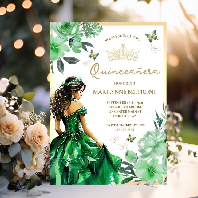 Invitation Robe Florale verte papillon Quinceañera (Créateur téléchargé)