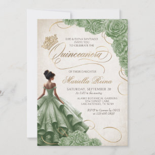 Invitation Robe Florale verte Sage Quinceañera