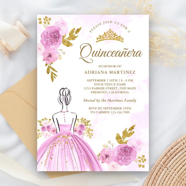 Invitation Robe Florale violette Princesse Or Quinceanera (Créateur téléchargé)
