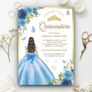 Invitation Robe Flore Bleu doux Papillon Or Quinceanera