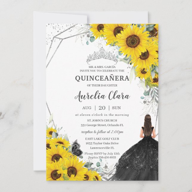 Invitation Robe Flore de Tournesol Quinceañera en argent noir (Devant)