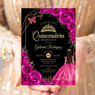 Invitation Robe fuchsia rose or doré pour Quinceanera Floral