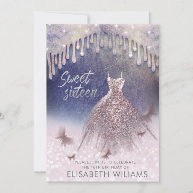 Invitation Robe Girly chic goutte d'or rose glittery ombre (Devant)