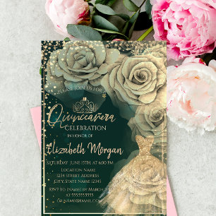 Invitation Robe Gold Tiara, Diamonds Roses Quinceañera