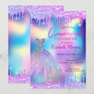 Invitation Robe gouttes violettes Quinceañera holographique