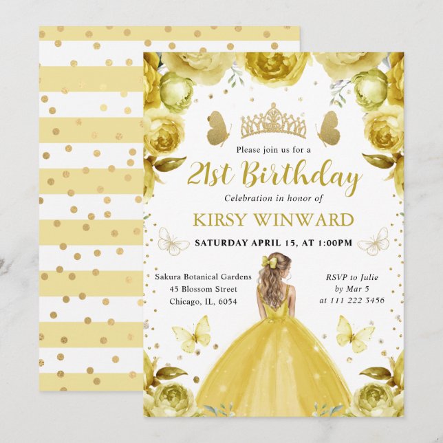Invitation Robe Jaune Blonde Princesse Anniversaire (Devant / Derrière)