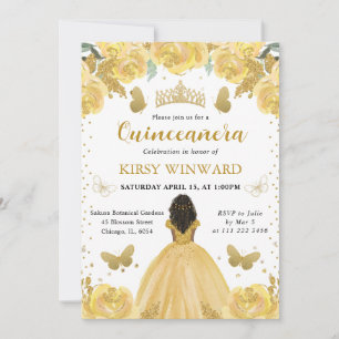 Invitation Robe Jaune Princesse à la Peau Foncée Quinceanera
