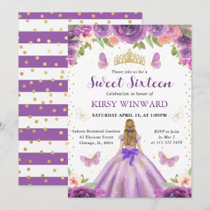 Invitation Robe lilas Princesse blonde Sweet 16