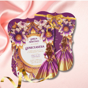 Invitation Robe Magenta Gold Quinceañera Princesse Sweet16