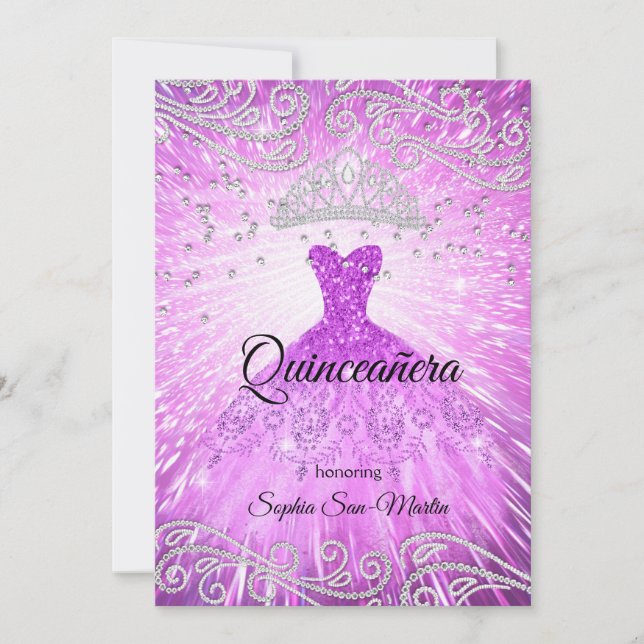 Invitation Robe Magenta Violet Argent Quinceanera Anniversair (Devant)