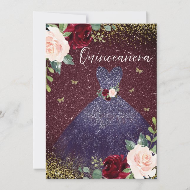 Invitation Robe Magique Marine Bourgogne Rouge Floral Quincea (Devant)