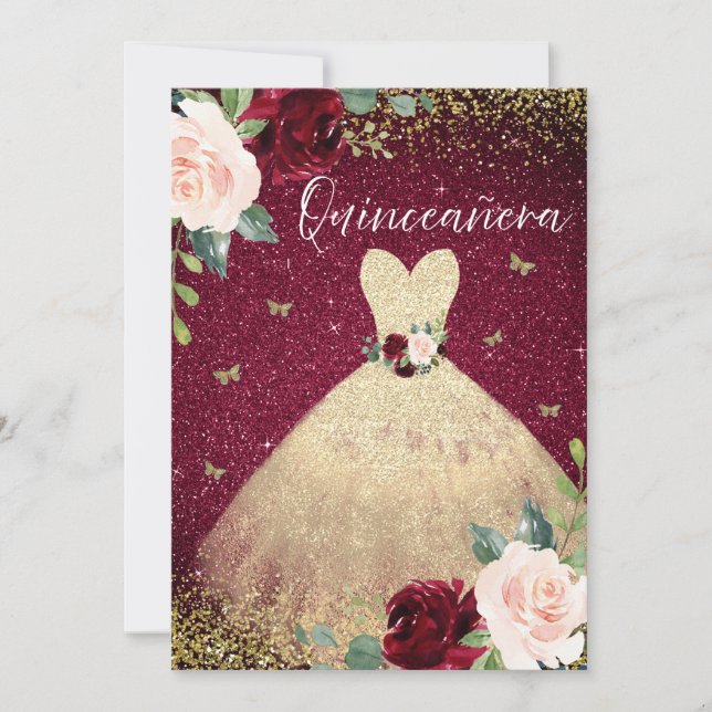 Invitation Robe Magique Or Bourgogne Rouge Floral Quinceanera (Devant)