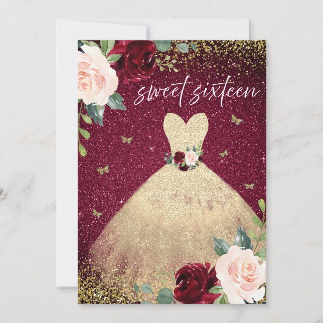 Invitation Robe Magique Or Bourgogne Rouge Floral Sweet 16 (Devant)
