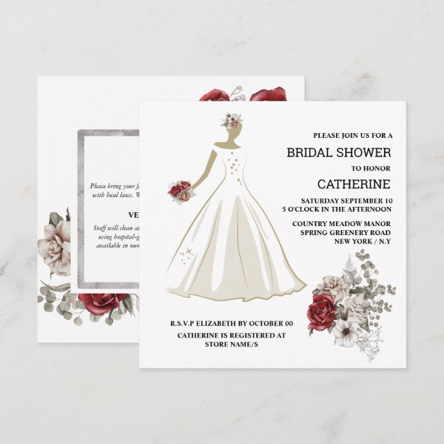 Invitation Robe mariage blanche rouge rose fleurs florales ch (Devant / Derrière)