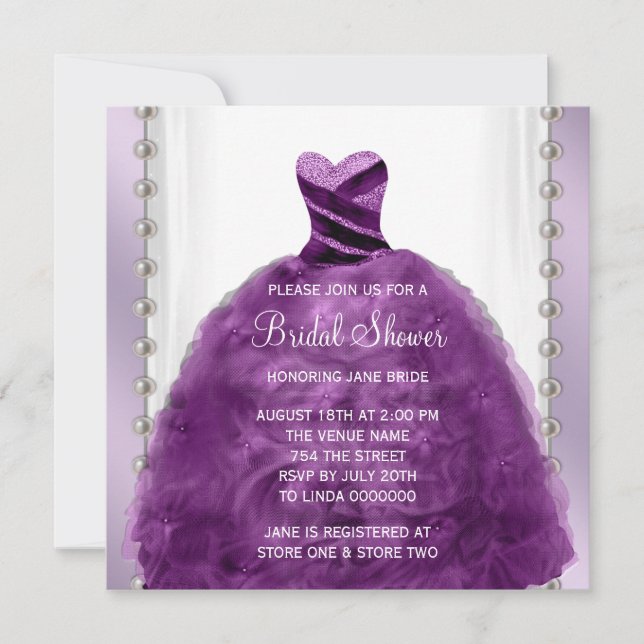 Invitation Robe mariage et perles Plum Purple Fête des mariée (Devant)
