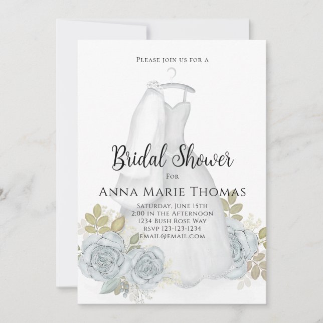 Invitation Robe Mariage Fête des mariées Elégant Bleu Floral (Devant)