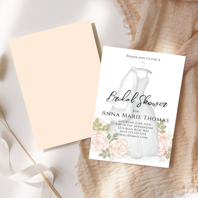 Invitation Robe Mariage Fête des mariées Élégant Blush Floral (Bridal shower elegant wedding gown calligraphy script invitations.)