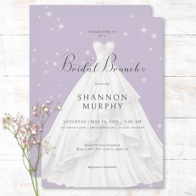 Invitation Robe Mariage moderne violet étincelle Brunch nupti (Modern Wedding Dress Purple Sparkle Bridal Brunch Invitation)
