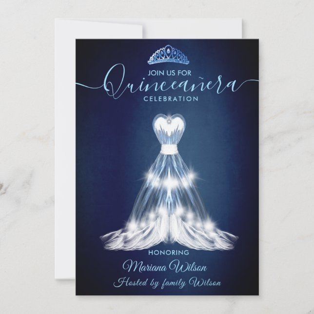 Invitation Robe moderne bleu nuit adorable tiara Quince (Devant)
