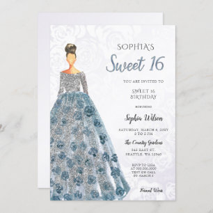 Invitation Robe mousseuse bleu argent Douce 16 anniversaire I