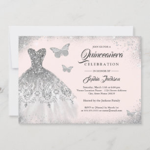 Invitation Robe mousseuse en argent clair papillon Quinceaner