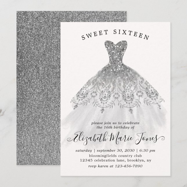 Invitation Robe mousseuse Parties scintillant argent Douce 16 (Devant / Derrière)